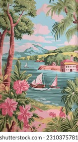 vector illustration of greek island scene. village by sea with palm trees. summer travel resort.