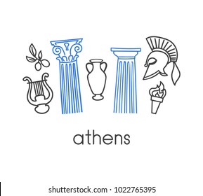 Vector illustration Greek language school. Open book, symbols of Greece: ancient column, gladiator helmet, lyre, ancient vase, olive. Hand drawn doodle objects isolated on white with place for text.