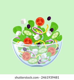 Vector illustration of Greek salad with mixed vegetables and greenery. Healthy fresh salad with tomato, cucumber, red onion, olives and feta cheese