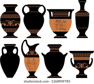 Vector illustration of Greek vases with patterns and decorations.