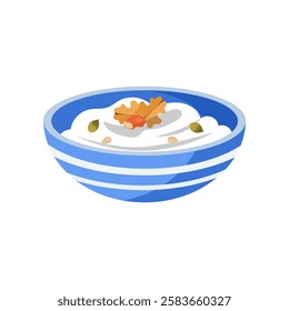 Vector illustration of Greek yogurt with nuts and pumpkin seeds.Healthy food, diet food, nutritious breakfast.IlluDessert, cream snack, yogurt cream, dairy product, fermented milk dessertstration.