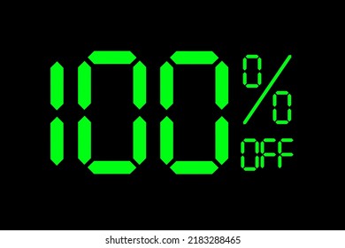 Ilustración vectorial de la etiqueta de oferta especial de 100% de descuento verde. El descuento ofrece la etiqueta de precio para la campaña publicitaria en el comercio minorista, marketing de promoción de ventas, día de compras al estilo digital de neón verde.
