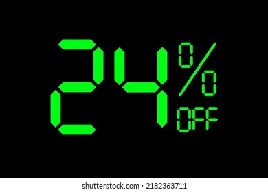 Vector illustration of green 24% discount special offer tag. Discount offer price tag for advertising campaign symbol in retail, sales promotion marketing, shopping day in green neon digital style.