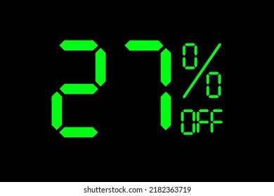 Vektorgrafik von grünen 27% Rabatt Sonderangebot Tag. Preisnachlass für Werbekampagne-Symbol im Einzelhandel, Verkaufsförderungsmarketing, Einkaufstag im grünen Neon-Digital-Stil.