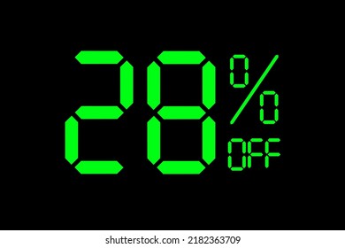 Vector illustration of green 28% discount special offer tag. Discount offer price tag for advertising campaign symbol in retail, sales promotion marketing, shopping day in green neon digital style.