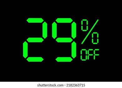Vector illustration of green 29% discount special offer tag. Discount offer price tag for advertising campaign symbol in retail, sales promotion marketing, shopping day in green neon digital style.
