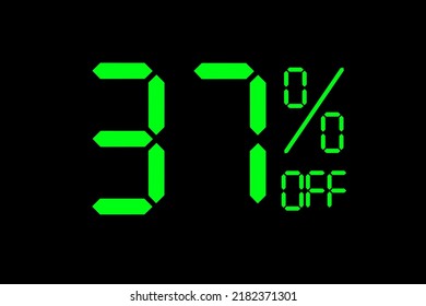 Vector illustration of green 37% discount special offer tag. Discount offer price tag for advertising campaign symbol in retail, sales promotion marketing, shopping day in green neon digital style.