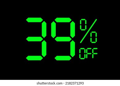 Ilustración vectorial de la etiqueta de oferta especial de descuento verde del 39%. El descuento ofrece la etiqueta de precio para la campaña publicitaria en el comercio minorista, marketing de promoción de ventas, día de compras al estilo digital de neón verde.