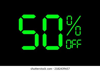 Ilustración vectorial de la etiqueta de oferta especial de 50% de descuento verde. El descuento ofrece la etiqueta de precio para el símbolo de campaña publicitaria, marketing de promoción de ventas, día de compras en el estilo de número digital de neón verde.