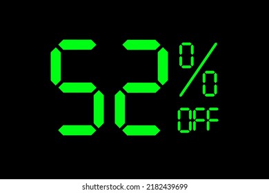 Vector illustration of green 52% discount special offer tag. Discount offer price tag for advertising campaign symbol, sales promotion marketing, shopping day in green neon digital number style.