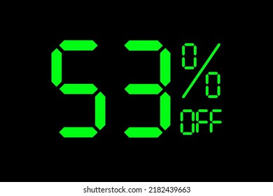 Vector illustration of green 53% discount special offer tag. Discount offer price tag for advertising campaign symbol, sales promotion marketing, shopping day in green neon digital number style.