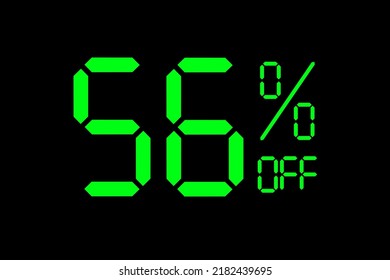 Ilustración vectorial de la etiqueta de oferta especial de 56% de descuento verde. El descuento ofrece la etiqueta de precio para el símbolo de campaña publicitaria, marketing de promoción de ventas, día de compras en el estilo de número digital de neón verde.