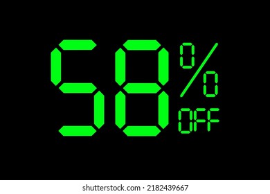 Vector illustration of green 58% discount special offer tag. Discount offer price tag for advertising campaign symbol, sales promotion marketing, shopping day in green neon digital number style.