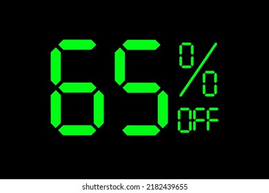 Vector illustration of green 65% discount special offer tag. Discount offer price tag for advertising campaign symbol, sales promotion marketing, shopping day in green neon digital number style.