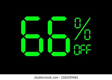 Ilustración vectorial de la etiqueta de oferta especial de descuento de 66% verde. El descuento ofrece la etiqueta de precio para el símbolo de campaña publicitaria, marketing de promoción de ventas, día de compras en el estilo de número digital de neón verde.