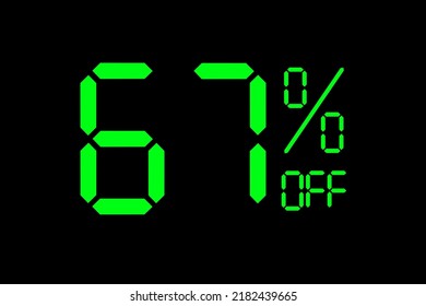 Vector illustration of green 67% discount special offer tag. Discount offer price tag for advertising campaign symbol, sales promotion marketing, shopping day in green neon digital number style.