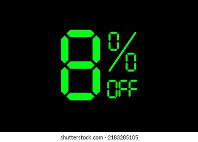 Vector illustration of green 8% discount special offer tag. Discount offer price tag for advertising campaign symbol in retail, sales promotion marketing, shopping day in green neon digital style.