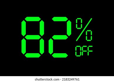 Vektorgrafik von grünen 82% Rabatt Sonderangebot Tag.  Preisnachlass für Werbekampagne-Symbol im Einzelhandel, Verkaufsförderungsmarketing, Einkaufstag im grünen Neon-Digital-Stil.