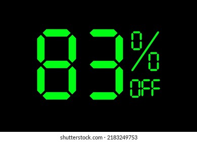 Ilustración vectorial de la etiqueta de oferta especial de descuento de 83% verde.  El descuento ofrece la etiqueta de precio para la campaña publicitaria en el comercio minorista, marketing de promoción de ventas, día de compras al estilo digital de neón verde.