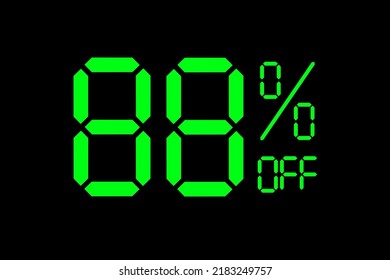 Vektorgrafik von grünen 88% Rabatt Sonderangebot Tag.  Preisnachlass für Werbekampagne-Symbol im Einzelhandel, Verkaufsförderungsmarketing, Einkaufstag im grünen Neon-Digital-Stil.