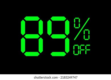 Vector illustration of green 89% discount special offer tag.  Discount offer price tag for advertising campaign symbol in retail, sales promotion marketing, shopping day in green neon digital style.
