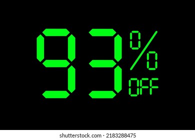 Vector illustration of green 93% discount special offer tag. Discount offer price tag for advertising campaign symbol in retail, sales promotion marketing, shopping day in green neon digital style.