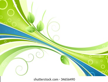 Vector illustration of green abstract background with leaves and water drops
