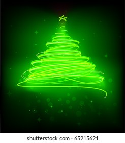 Vector illustration of green Abstract Christmas tree on the black background.