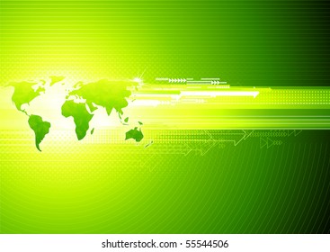 Vector illustration of green abstract hi-tech Background with Glossy world map