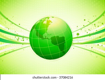 Vector illustration of green abstract lines background - composition of curved lines and globe