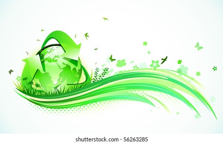 Vector illustration of green abstract lines background - composition of curved lines, floral elements and recycling symbol.