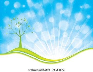 Vector illustration of green abstract lines background - composition of curved lines, tree over blue sky.