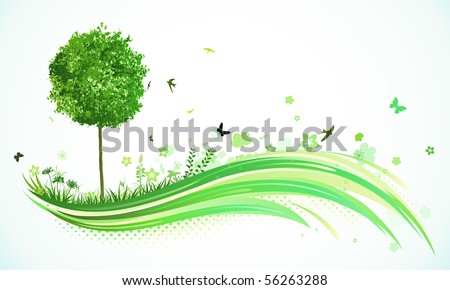 Vector illustration of green abstract lines background - composition of curved lines, floral elements and funky tree.