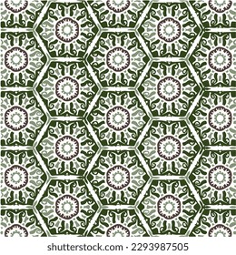 Vector Illustration of Green Abstract Mandala or Ikat Texture Seamless Pattern for Wallpaper Background.

