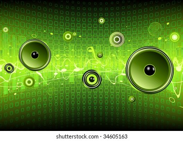 Vector illustration of green abstract party design with urban music scene - Speakers and sound waves