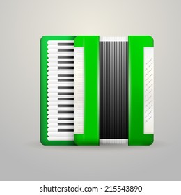 Vector illustration of green accordion. Green accordion with white keyboard. Isolated  vector  illustration on gray background.