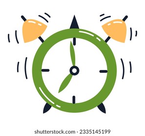 Vector illustration of green alarm clock. Waking up. Good morning and deadline concept. Alarm clock ringing.
