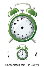 Vector illustration of a green alarm clock.  Separate hands allow editing with photo editing software as well as vector software, to set your own time.