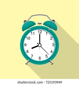 Vector illustration of green alarm clock isolated on yellow background in flat style. 