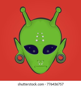 vector illustration of a green alien face with piercings and stretched ears on a red background