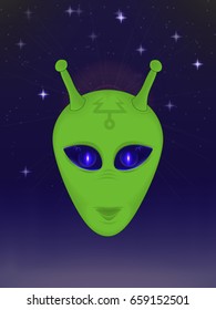 vector illustration of a green alien head with horns on the background of the starry sky. poster, banner, ticket, print, t-shirt design