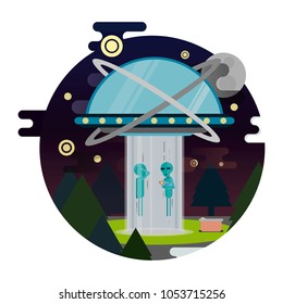 Vector Illustration "Green aliens and Human child" for the Day of Astronautics
