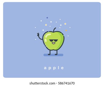 Vector illustration of green apple cartoon character. Fruit flat icon