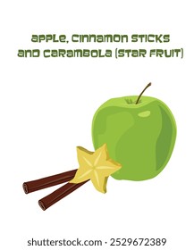 Ilustración vectorial de manzana verde, canela y carambola (fruta estrella) con inscripción, aislado en blanco. Diseño de la tarjeta plana de la fruta para la nutrición dietética, comida sana, recetario, Sitio web, impresión