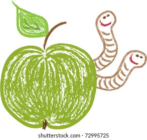 vector illustration of green apple and funny worms