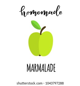 Vector illustration of green apple and hand lettering text Homemade Marmalade for package design, product design, poster, print, shop decoration, marketing, advertising