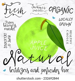 Vector illustration of green apple in imitation of watercolor, hand drawn in in 1950s or 1960s style. Concept for farmers market, organic food, natural product design, soap package, herbal tea, etc.