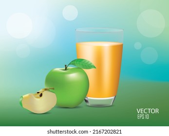 ilustración vectorial planilla de diseño de vidrio de manzana verde y jugo de manzana, en el fondo colorido.