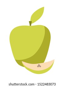 Vector illustration of a green apple with a leaf and a slice on a white background. Exotic item for design in flat style.