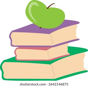 Vector illustration of a green apple on a stack of three books (purple, pink, green covers) in cartoon style. Great for school themes, educational materials, autumn designs, or children’s graphics.